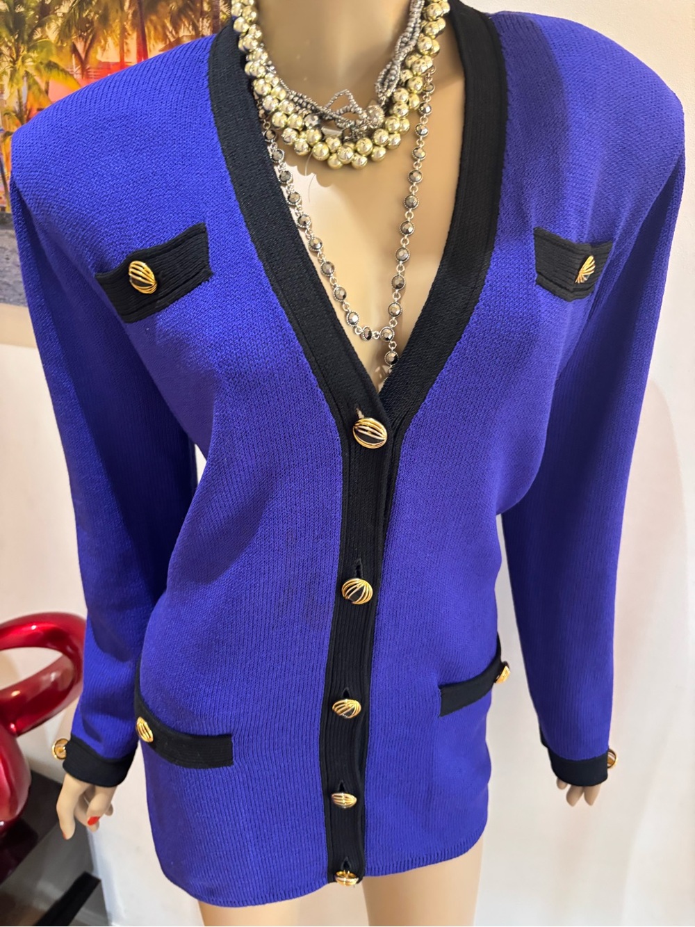 St. John Royal Purple Cardigan Blazer with Black Trim & Gold Buttons 12 L